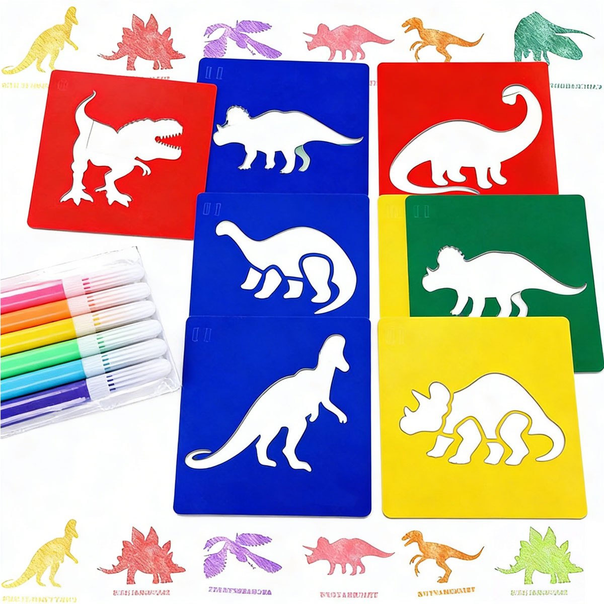 6Pcs 미니 마커가있는 6Pcs 공룡 그림 스텐실 세 - Art Craft Template 리뷰 및 가격